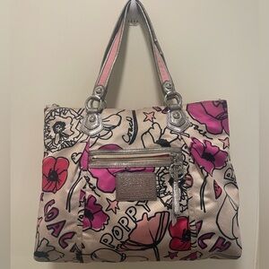 Coach Poppy Floral Graffiti Sateen Tote - Pink and Cream Y2K  16306